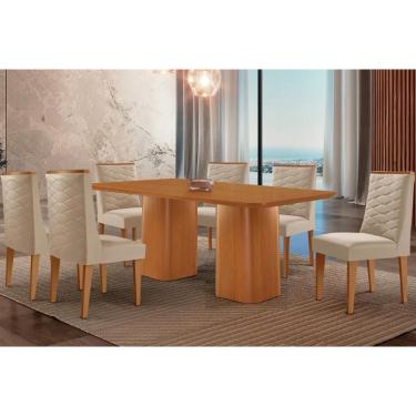 Imagem de Sala Jantar Mesa Maldivas Tampo Curvo 180cm+6 Cadeiras Dafne Madeira Naturale - Capuccino/Suede Creme - Rufato