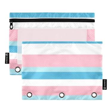 Imagem de Furador de 3 furos listrados azuis para fichário com janela transparente para material de escritório diário, pacote com 2