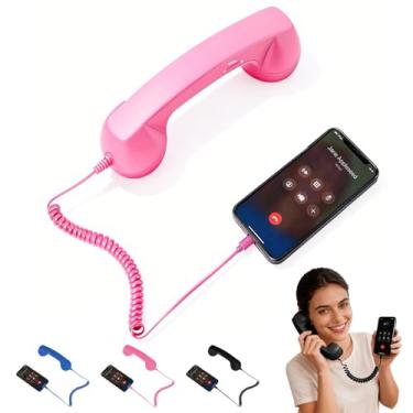 Imagem de Aparelho de telefone retrô, aparelho de telefone retrô para telefone, tipo C, estilo retrô, com fio, receptor de alça fixa para videoconferências, chamadas e reuniões de celular (rosa)