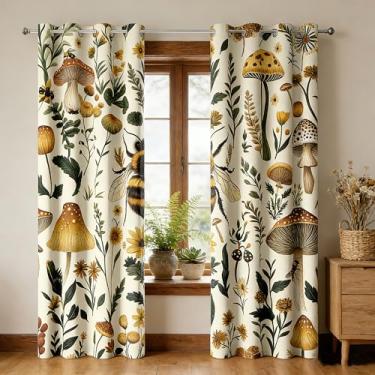 Imagem de Cortinas blackout de cogumelo boho rústico, vintage, chique, botânica, floral, casa de fazenda, cortinas estéticas, para janela, cortina de fada para quarto, sala de estar, 2 painéis, 132 x 213 cm