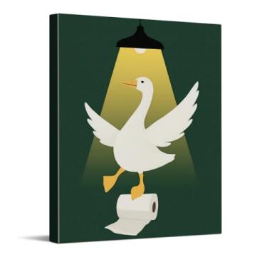 Imagem de CYFDYVT Arte de parede engraçada de ganso de banheiro, humor dança de ganso em papel higiênico, pôster de banheiro verde peculiar, pintura em tela de animal fofo arte de parede para banheiro, 20 x 25