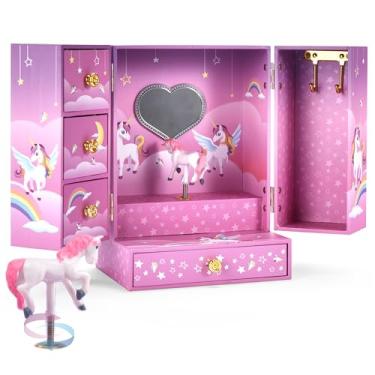 Imagem de Jewelkeeper Caixa de joias musical unicórnio com 4 gavetas – Caixas de joias de princesa para meninas – Armazenamento para anel, colares, brincos – Presentes de aniversário para crianças – Organizador de acessórios para meninas adolescentes