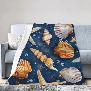 Imagem de Cobertor grande ultra macio com estampa de estrela do mar e conchas, perfeito para cama, sofá e viagens, manta de flanela aconchegante e quente