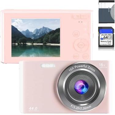 Imagem de Câmera digital, FHD 1080p infantil, câmeras digitais de 44 MP com cartão SD de 64 GB, zoom de 16x, baterias, cordão, compacta, pequena para crianças, meninos e meninas (apenas câmera, rosa)