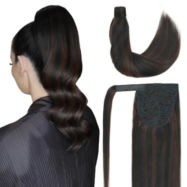 Imagem de Extensão de rabo de cavalo cabelo humano 40,6 cm natural preto a castanho médio sedoso extensões de cabelo liso envolver rabo de cavalo para meninas (40,6 cm preto natural a marrom médio #1BP4 85G)