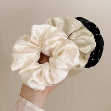 Imagem de 3 elásticos de cabelo de cetim com strass, laços de cabelo elásticos brilhantes para mulheres, acessórios de cabelo elegantes para festa/casamento