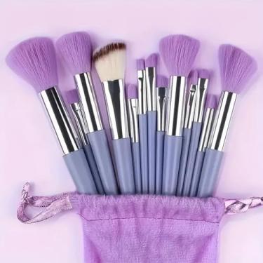 Imagem de Conjunto de 13 pincéis de maquiagem, conjunto de pincéis de maquiagem para viagem com pelos macios, conjunto profissional para blush, delineador, sombra, corretivo e base (roxo)
