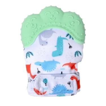 Imagem de Luvinha Mordedor Sensorial Bebê Dinossauros Silicone Texturizado Ajustável para Alívio da Dentição, Acalma e Estimula