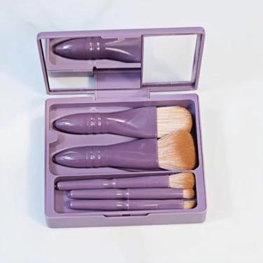 Imagem de Mini pincéis de maquiagem de viagem, 5 peças de pincéis cosméticos com espelho para mulheres e meninas, pincel de sombras de corretivo em pó de base (roxo)