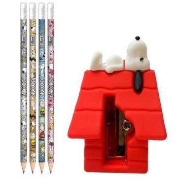 Imagem de Kit com 4 lápis preto redondo com borracha n.2 snoopy + 1 apontador sn