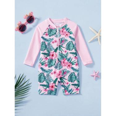 Imagem de Maiô Shortinho Infantil Manga Longa Rosa Folhas com zíper - Tamanho 3 anos