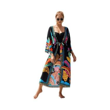 Imagem de Kimono Colorido Para Mulheres, Saída De Praia, Robe Longo Para Piscina