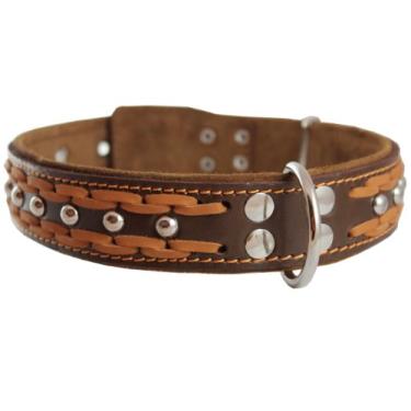 Imagem de Coleira de couro genuíno trançada para cães, marrom de 3,8 cm de largura. Cabe em pescoço de 48 a 61 cm, grande.