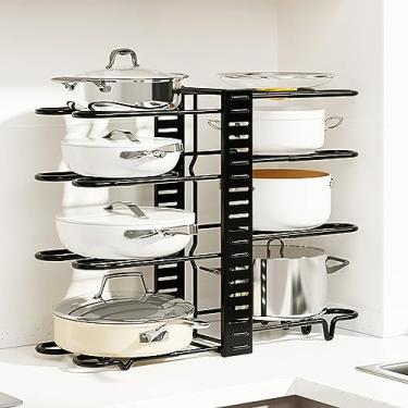 Imagem de Rack organizador de panelas para armário, 8 potes e frigideiras ajustáveis para armário, organizadores de rack de panelas para armário com 3 métodos DIY, para armário, organização de cozinha, armazenamento e tampa de panela