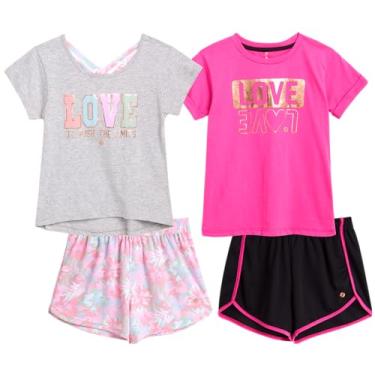 Imagem de RBX Conjunto de shorts ativos para meninas - camiseta e shorts de desempenho de manga curta de 4 peças (tamanho: 7-12), Barra cinza/rosa, 6X