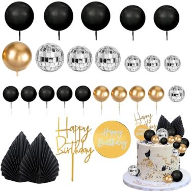 Imagem de MEMOVAN 25pcs Man Cake Topper Disco Ball Cake Topper Black Gold Balls Palm Leaves Black Gold Boho Cake Decorations for Man Boy Bohemian Black Gold Theme Wedding Baby Shower Birthday Party