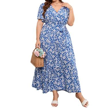 Imagem de KOJOOIN Vestido longo feminino plus size com decote em V, cintura alta, babados, manga curta, vestido casual de verão com cinto, Flor de manga curta azul branco, GG