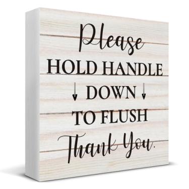 Imagem de Please Hold Handle Down to Flush Wooden Box Sign Decor Desk Decor, Bathroom Quote Wood Box Sign for Home Bathroom Shelf Table Decoration 12 x 12 cm