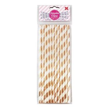Imagem de Canudo de Papel Metalizado Listrado Branco e Rosê Gold Laminado 6mmx20