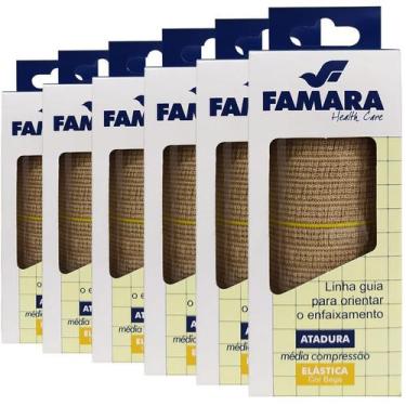 Imagem de Kit 6 Atadura Elástica Média Compressão 10cm x 1,30m Bege Famara