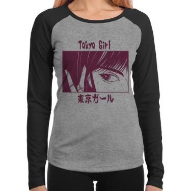 Imagem de Baby Look Raglan Tokio Girl Manga Longa - Foca na Moda, Cinza, Preto, 