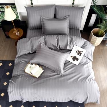 Imagem de Amolavet Hotel Collection Capa de edredom Queen Size 100% algodão cetim cinza listrado com fecho de zíper Queen Size conjunto de 3 peças 90x201 centímetros (1 capa de edredom e 2 fronhas) capa de