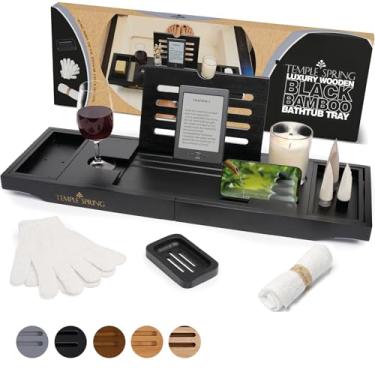 Imagem de Temple Spring Bandeja de banheira de madeira, acessórios de banheiro de bambu, bandeja de banho para banheira, essenciais de spa em casa, placa para mesa de banheira, suporte de banheiro para