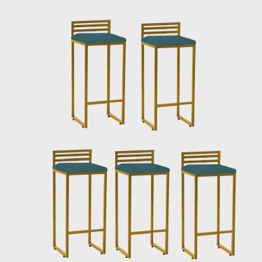 Imagem de Kit 05 Banqueta Alta Com Encosto Núria Balcão Bar Cozinha Bistrô Ferro Dourado Suede Azul Turquesa - Ahz Móveis