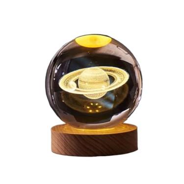 Imagem de Luminária Cristal de Mesa Sistema Solar Saturno Lua Galáxia LED Base Madeira Enfeite Decorativo Casa(Saturno)