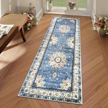 Imagem de Lahome Tapete de área medalhão floral oriental - Tapete de corredor de corredor de 5 x 15 cm azul turco tapete de lã sintética antiderrapante lavável na máquina tapete de pelo baixo para cozinha,