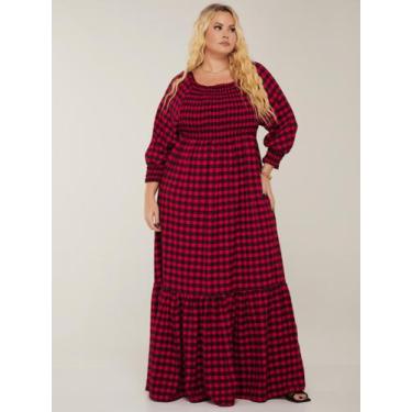 Imagem de Vestido Plus Size Xadrez Longo Meia Estação Manga Comprida Lastex Ajus
