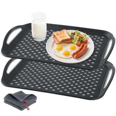 Imagem de Bandeja grande antiderrapante de 2 peças com alça e bandeja de comida antiderrapante para aperitivos, frutas, sobremesas, festas, café da manhã (grande, preto - pacote com 2)