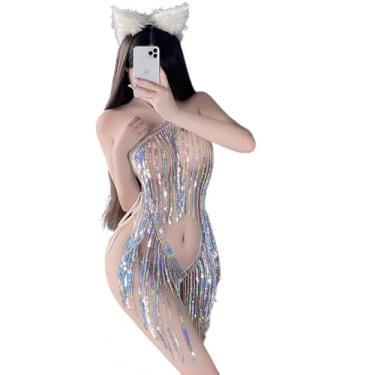Imagem de SENJIY Vestido de lingerie sexy para mulheres, fantasia, anime, cosplay, cheongsam, prata, lantejoulas, franja, roupa íntima, perspectiva, alta, minissaia, body de uma peça, dança, festa rave, Prata