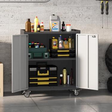 Imagem de OUTWIND Armário de armazenamento de garagem de 90 cm de altura com rodas, caixa de ferramentas de rolamento de aço com alça, armário de armazenamento de metal com 1 prateleira, cinza claro e cinza