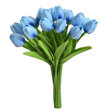 Imagem de AmazCozy Flores artificiais de tulipa 34 cm, decoração de casamento, buquê, simulação, arte floral artificial (20 peças) (azul claro)