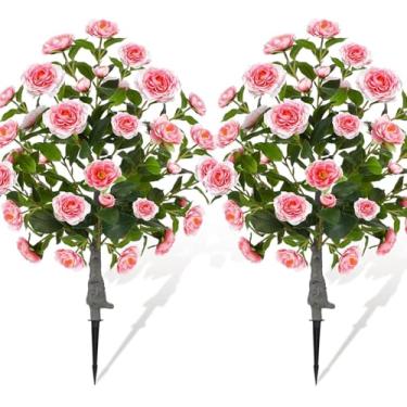 Imagem de Árvore de bola de topiária de buxo artificial com flores de camélia 50,8 cm, conjunto de 2 arbustos artificiais resistentes a UV com espigão no solo, plantas falsas para decoração de varanda de casa
