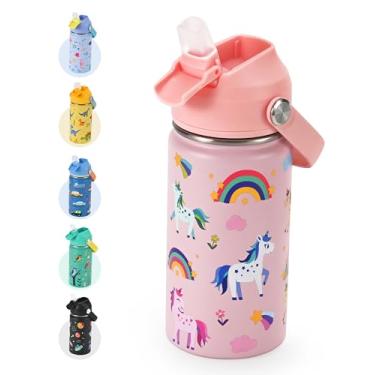 Imagem de WixByti Garrafa de água isolada de 400 ml com tampa de canudo de silicone - Garrafa de água de aço inoxidável mantém frio 24H, à prova de vazamento e design de estampas de unicórnio | Adesivos de nome