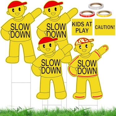 Imagem de Weysat 4 peças de placa de segurança Kids at Play com estaca de metal 38 x 30 cm, placa de aviso de cuidado lenta com fita adesiva de decoração refletiva DIY para jardim de rua e bairros (amarelo)