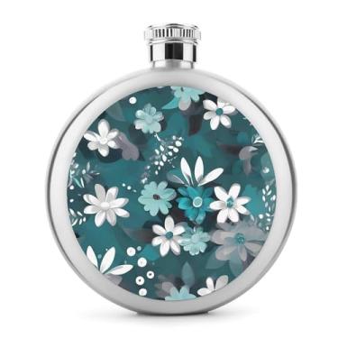 Imagem de Cantil de aço inoxidável, azul-petróleo cinza e branco com estampa floral cantil de bolso garrafa de viagem garrafa portátil de licor