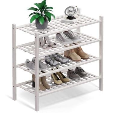Imagem de Haddockway Organizador de armazenamento de sapatos de bambu de 4 níveis, prateleira de sapato empilhável multifuncional com painel de grade para armário, corredor, entrada, espaço pequeno 68 x 28 x 66