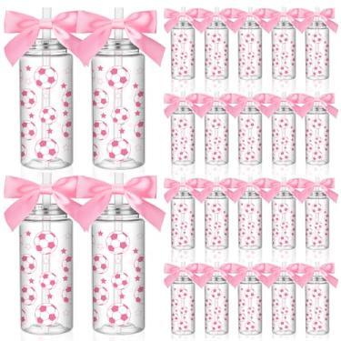 Imagem de Skylety 24 peças de suprimentos de festa de futebol rosa 400 ml copos de plástico de futebol com tampas e canudos copo reutilizável para fãs de esportes, jogadores, amigos, presentes, tema esportivo
