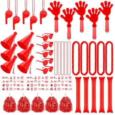 Imagem de Soulchen 360 peças de acessórios de espírito de equipe de escola vermelho sortido dia do time palitos de trovão apitos de mão apitos megafone pompons de torcida óculos adesivo para eventos esportivos
