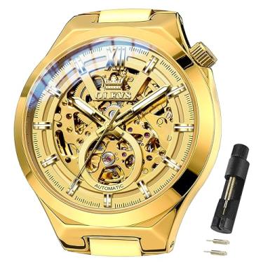 Imagem de OLEVS Relógios de pulso masculinos automáticos esqueleto com corda automática, designer mecânico, luxuoso, aço inoxidável, impermeável, original, relógios de pulso para homens, 6722: pulseira dourada