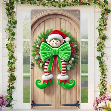 Imagem de BlissYard Faixa de porta de Feliz Natal com laço verde elfo 89 x 189 cm, decoração de porta da frente com pernas listradas e chapéu vermelho para exibição de parede interna e externa, placa de varanda
