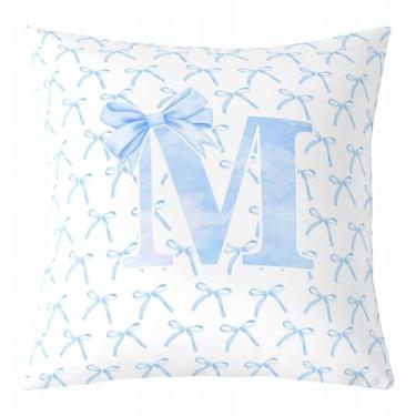 Imagem de Capa de almofada infantil com laço de desenho animado, gravata borboleta azul letra M nó princesa dupla face fronha meninas mulheres, aquarela laço patchwork azul branco cama sofá capa de almofada