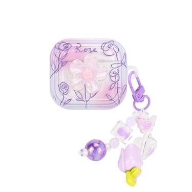 Imagem de CameCosy Capa para AirPods 4 com chaveiro fofo, design de flores roxas para mulheres e meninas, capa premium de TPU macio à prova de choque para AirPods 4ª geração
