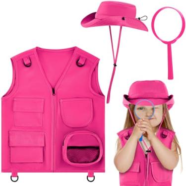 Imagem de Ramede Colete e chapéu explorador de safári infantil, fantasia de explorador para pesca, aventura, acampamento, meninos, meninas, Halloween, cosplay, Vermelho rosa, Rose Explorer
