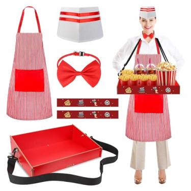 Imagem de SMAODSGN 6 peças, kit de fantasia de garçom dos anos 1950, bandejas de lanche de madeira com alça, bandejas de lanche noturno, avental de soda e idiota, chapéu de chef, gravata borboleta, adesivos