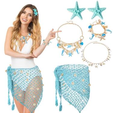 Imagem de 6 peças de fantasia de sereia cosplay para mulheres, colar de saia de crochê, estrela do mar, acessórios de grampo de cabelo para fantasias de Halloween, cosplay (azul)