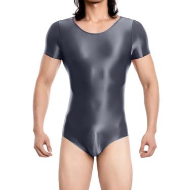 Imagem de SEAUR Body masculino brilhante justo unitard roupa íntima de manga curta collant brilhante lingerie elástica macacão, Cinza, GG